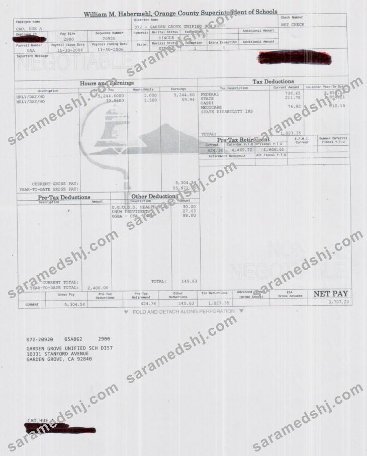 Orange County Superintendent of schools pay stub in PDF and Word format